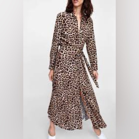 Zara Belted Maxi Leopard Buttoned Dress - Size Large -NWT - Picture 2 of 10